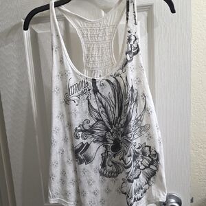Infamous White Racerback Tank Top with Black Floral Skull Print Size L